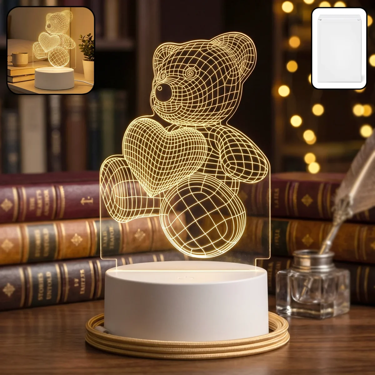 USB Powered 3D Teddy Bear LED Night Lamp with Heart