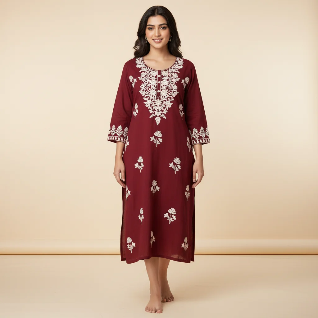 SYP India Women’s Mul Cotton Floral Chikankari Ethnic Long Kurti