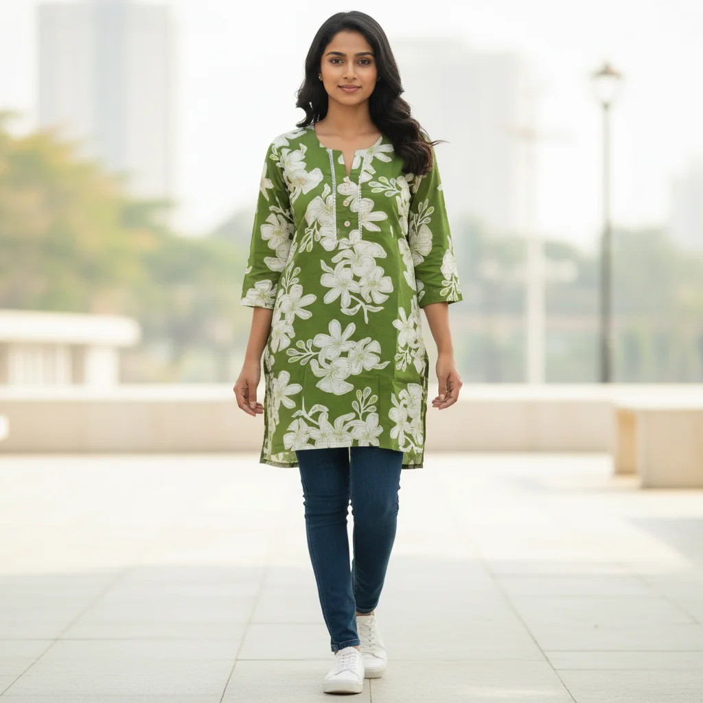 SYP India Women’s Premium Shamrock Green Ethnic Short Kurti | Stylish Festive & Casual Wear
