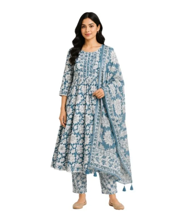 Women's Ethnic Anarkali Kurti Set with Dupatta & Pajama | Aqa Blue | Cotton Blend | Floral Pattern