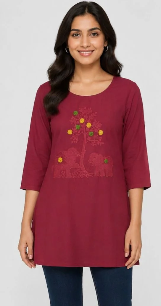 SYP India Women’s Embroidered Cotton Ethnic Short Red Kurti with Animal Pattern