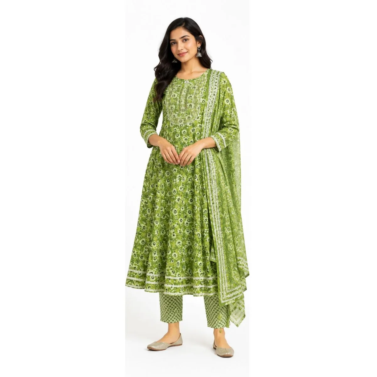 Women's Ethnic Anarkali Kurti Set with Dupatta & Pajama | Mint Green | Cotton Rayon | Print Pattern