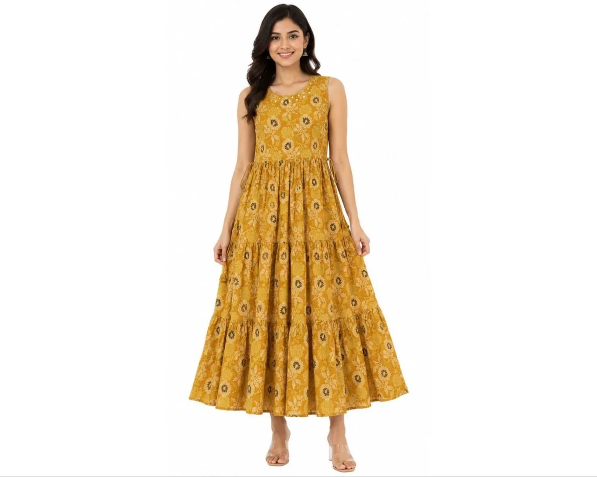 Women's Ethnic Sleeveless Anarkali Kurti with Polka Dot & Floral Print Pattern