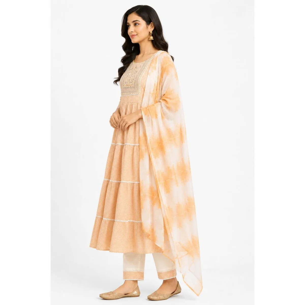 Women's Ethnic Anarkali Kurti Set with Dupatta & Pajama | Peach | Cotton Blend | Checked Pattern