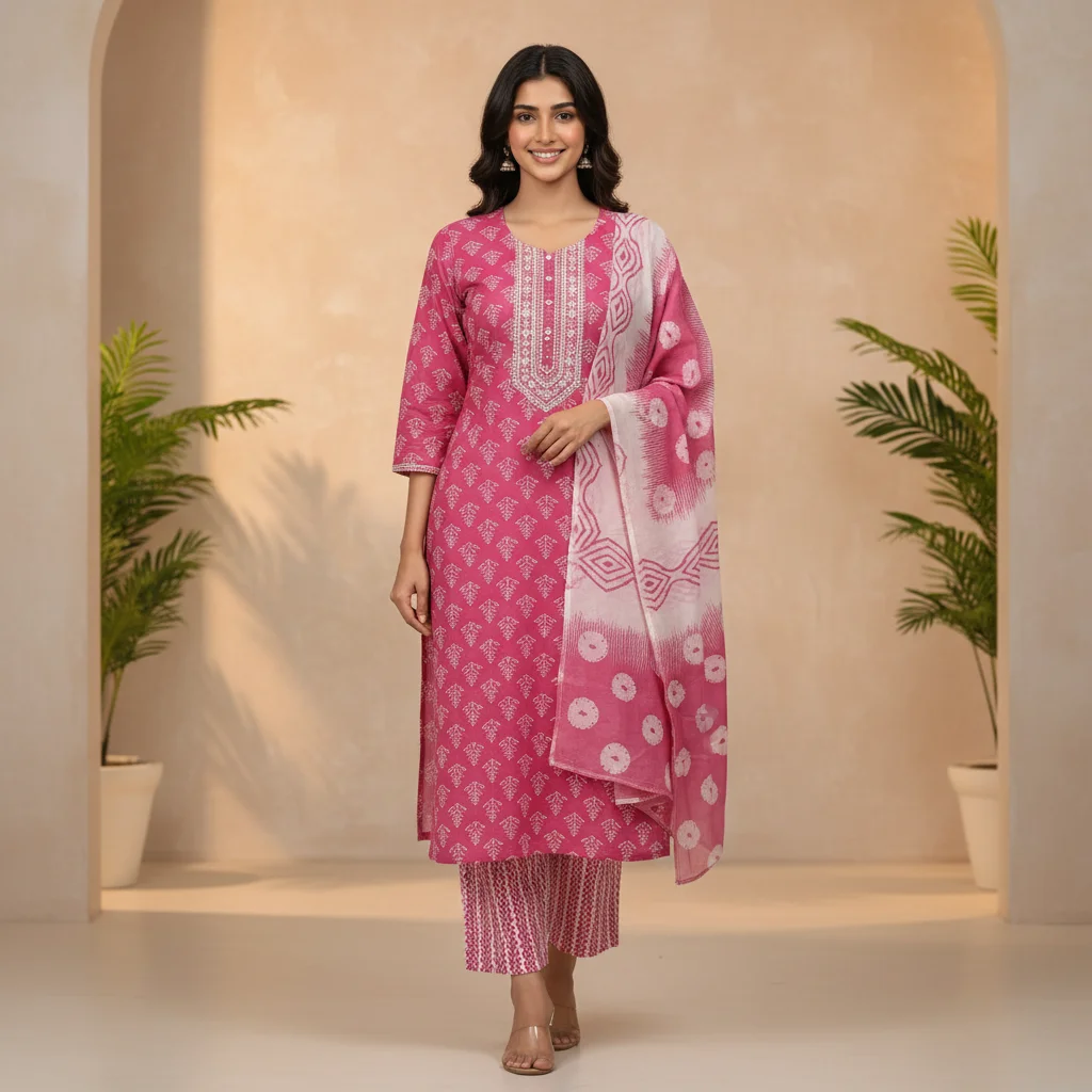 SYP India Women’s Cotton Blend Ethnic Suit Set with Dupatta & Pant | Floral Design