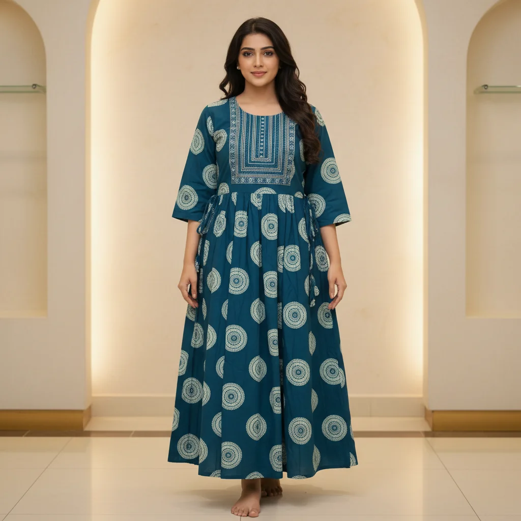 Women Floral Printed Rayon Anarkali Kurti with Embroidered Neck Panel work