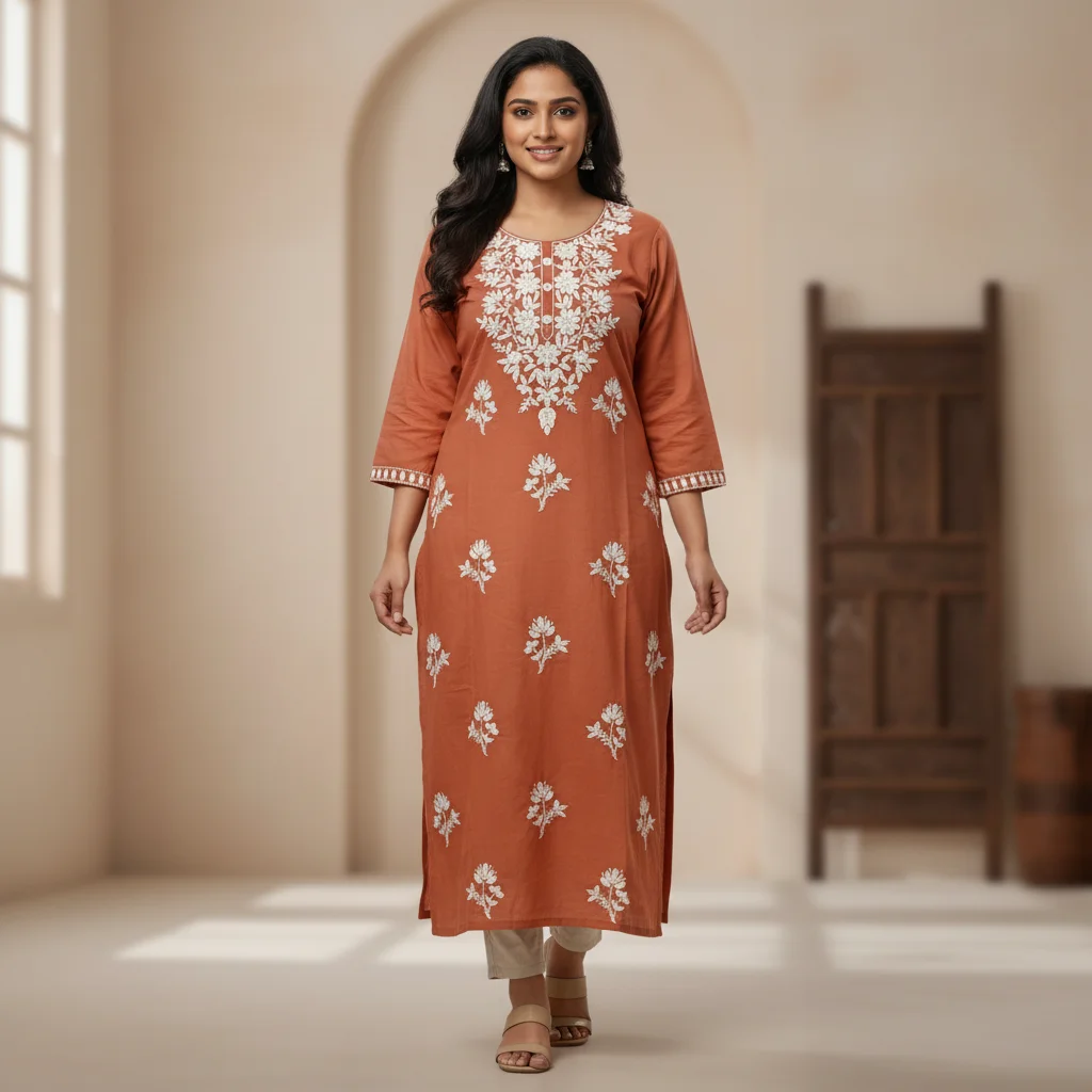 SYP India Women’s Mul Cotton Floral Chikankari Ethnic Long Kurti