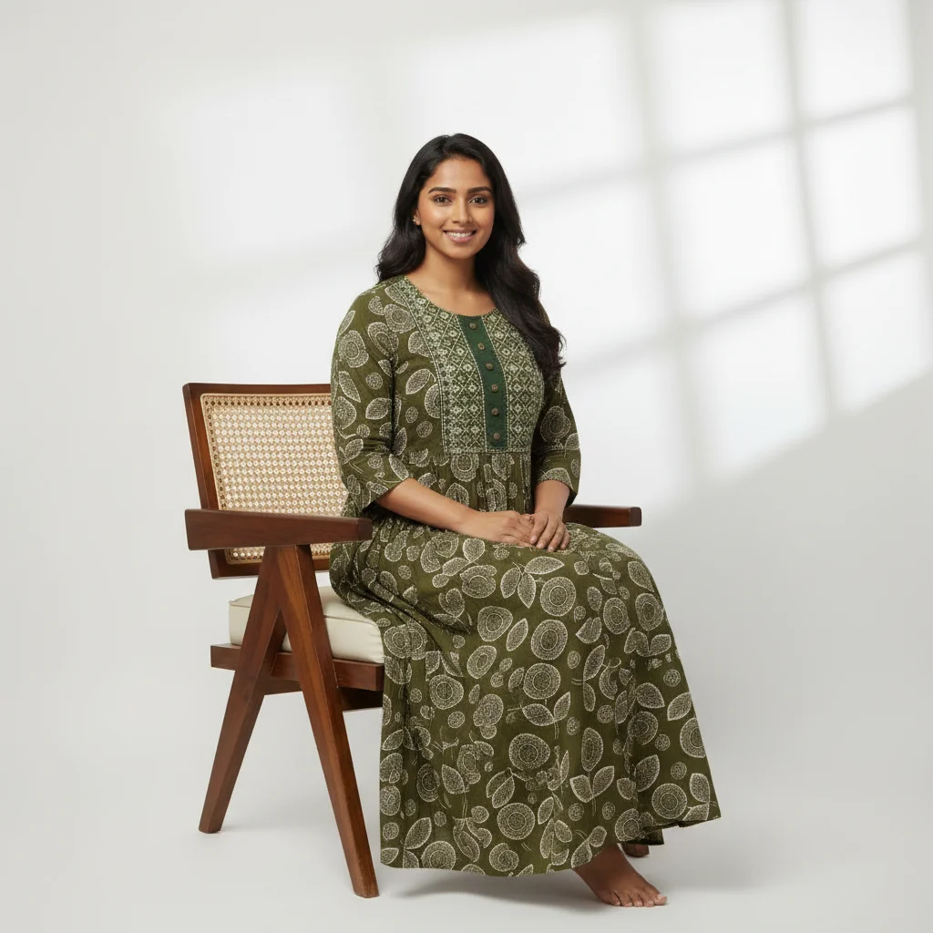Women Floral Printed Rayon Anarkali Kurti with Embroidered Neck Panel Work