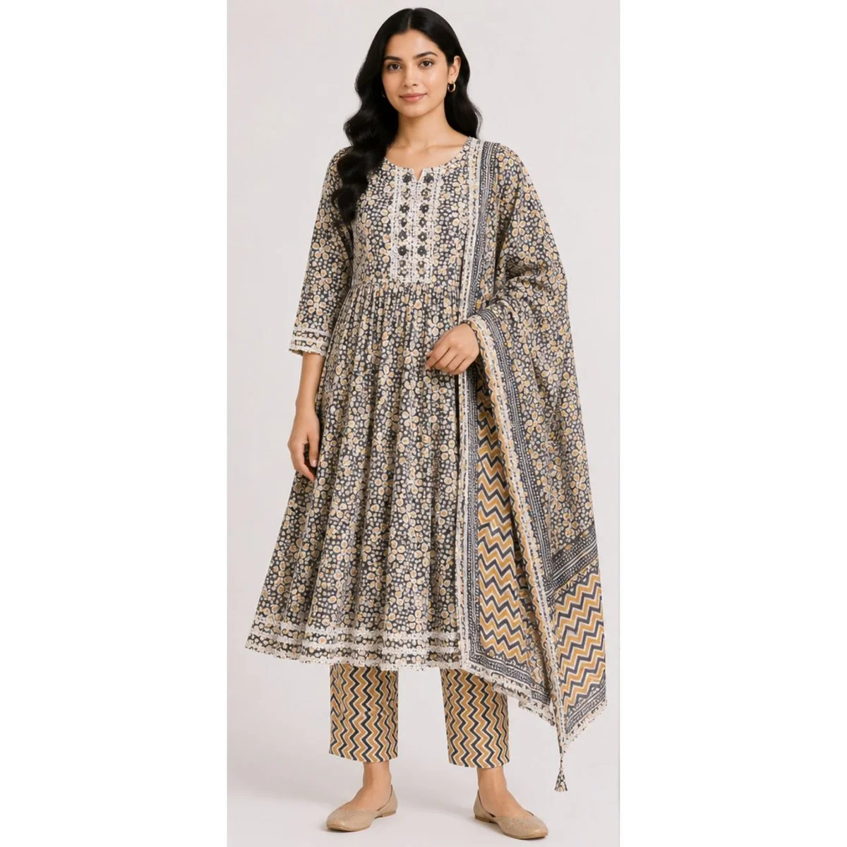 Women's Ethnic Anarkali Kurti Set with Dupatta & Pajama | Black | Cotton Blend | Floral Pattern