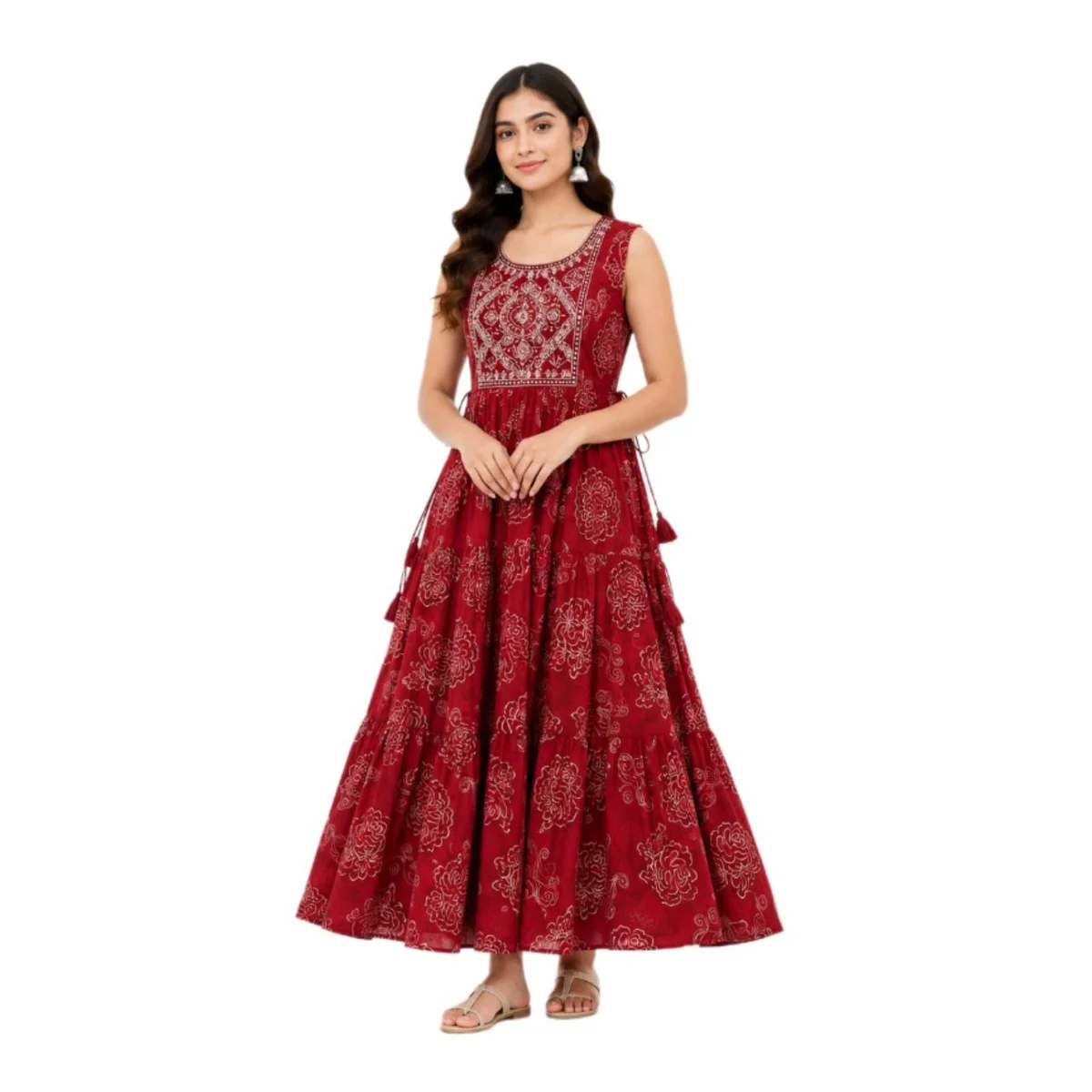 Women's Ethnic Sleeveless Anarkali Kurti with Polka Dot & Floral Print Pattern