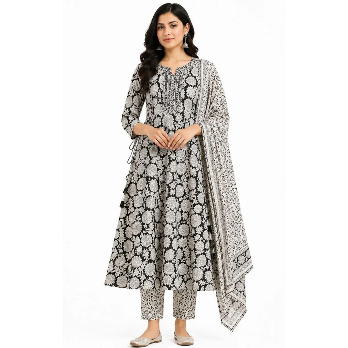 Women's Ethnic Anarkali Kurti Set with Dupatta & Pajama | Black | Cotton Cambric | Floral Pattern
