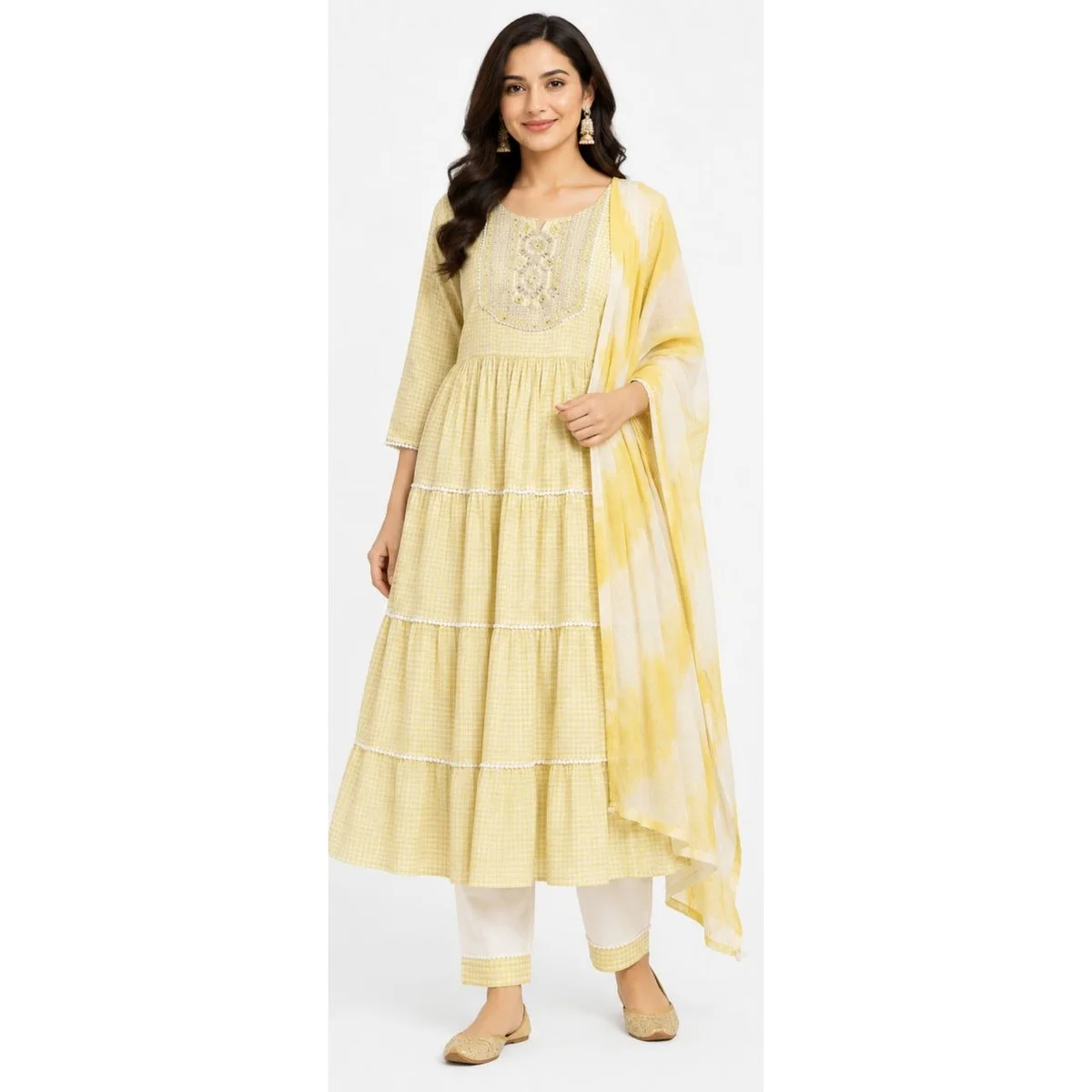 Women's Ethnic Anarkali Kurti Set with Dupatta & Pajama | Mustard | Cotton Blend | Checked Pattern