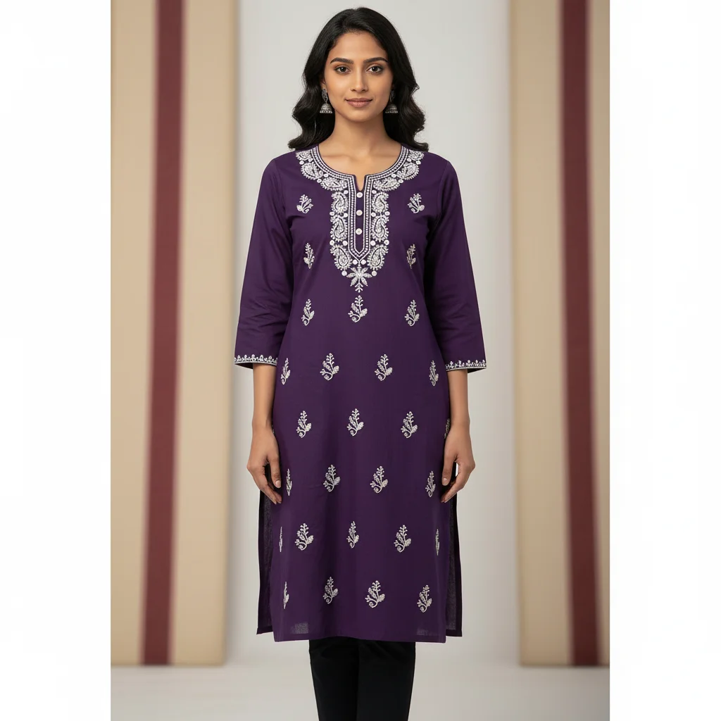 SYP India Women’s Mul Cotton Floral Chikankari Ethnic Long Kurti