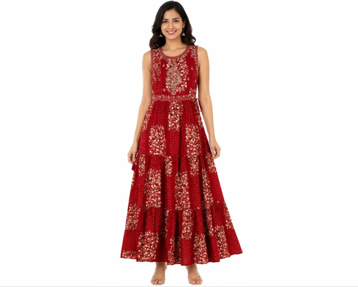 Women's Ethnic Sleeveless Anarkali Kurti with Polka Dot & Floral Print Pattern