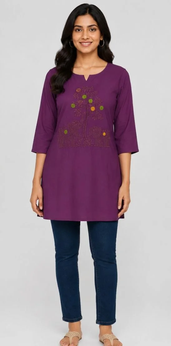 SYP India Women’s Embroidered Cotton Ethnic Short Purple Kurti with Animal Pattern