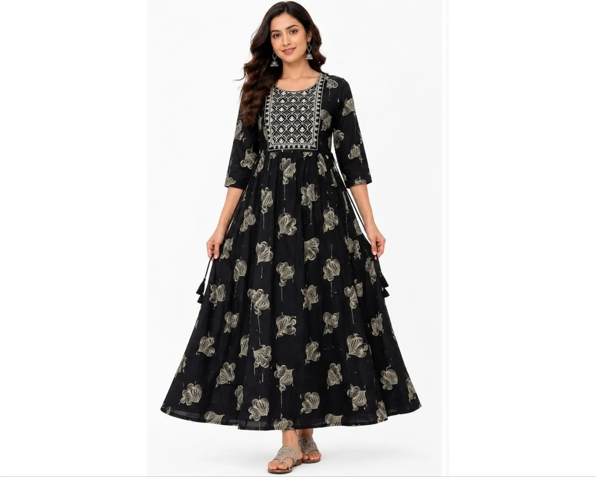 Black with Beige/Off-White Floral Print and Embroidered Yoke