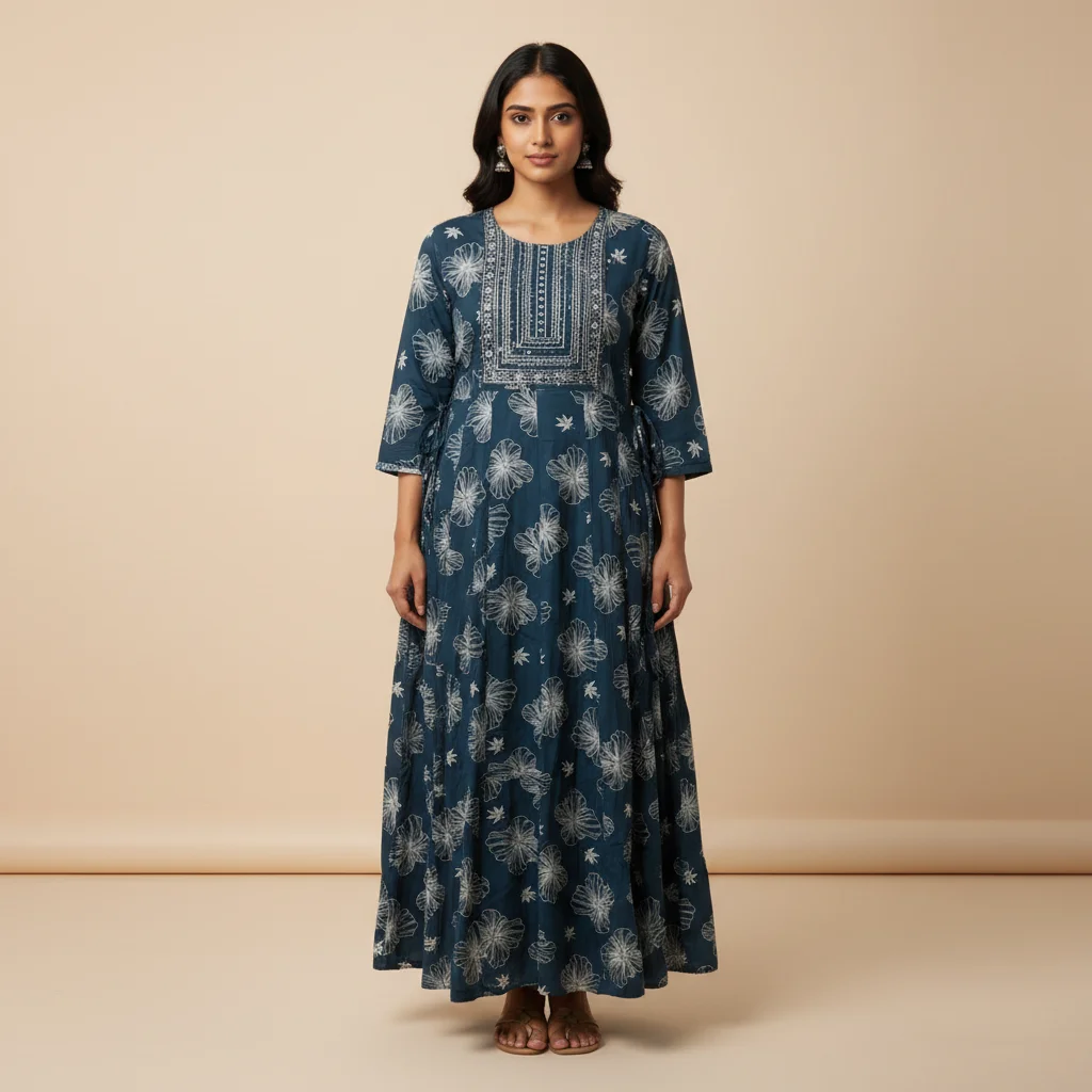 Women Floral Printed Rayon Anarkali Kurti with Embroidered Neck Panel Work