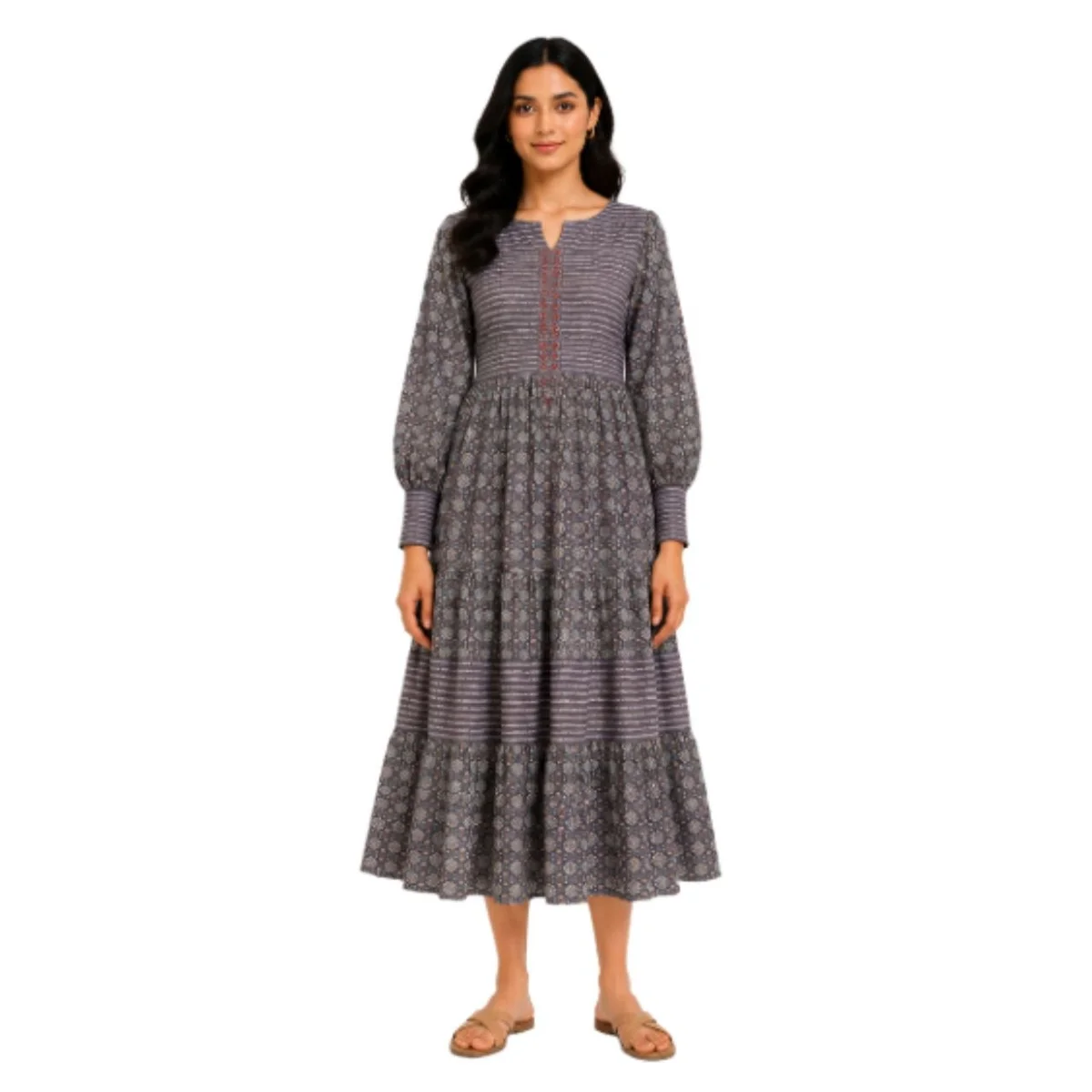 Women's Ethnic Grey Anarkali Frock Kurti | Cotton Cambric | Solid Pattern