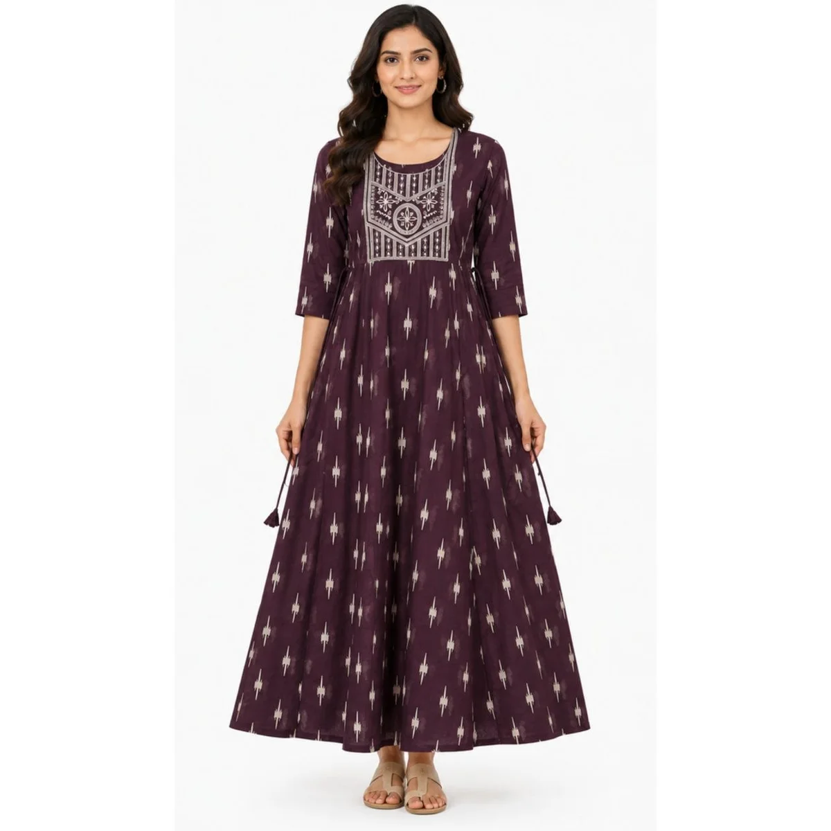 Deep Plum Purple with Off-White Ikat-Inspired Print