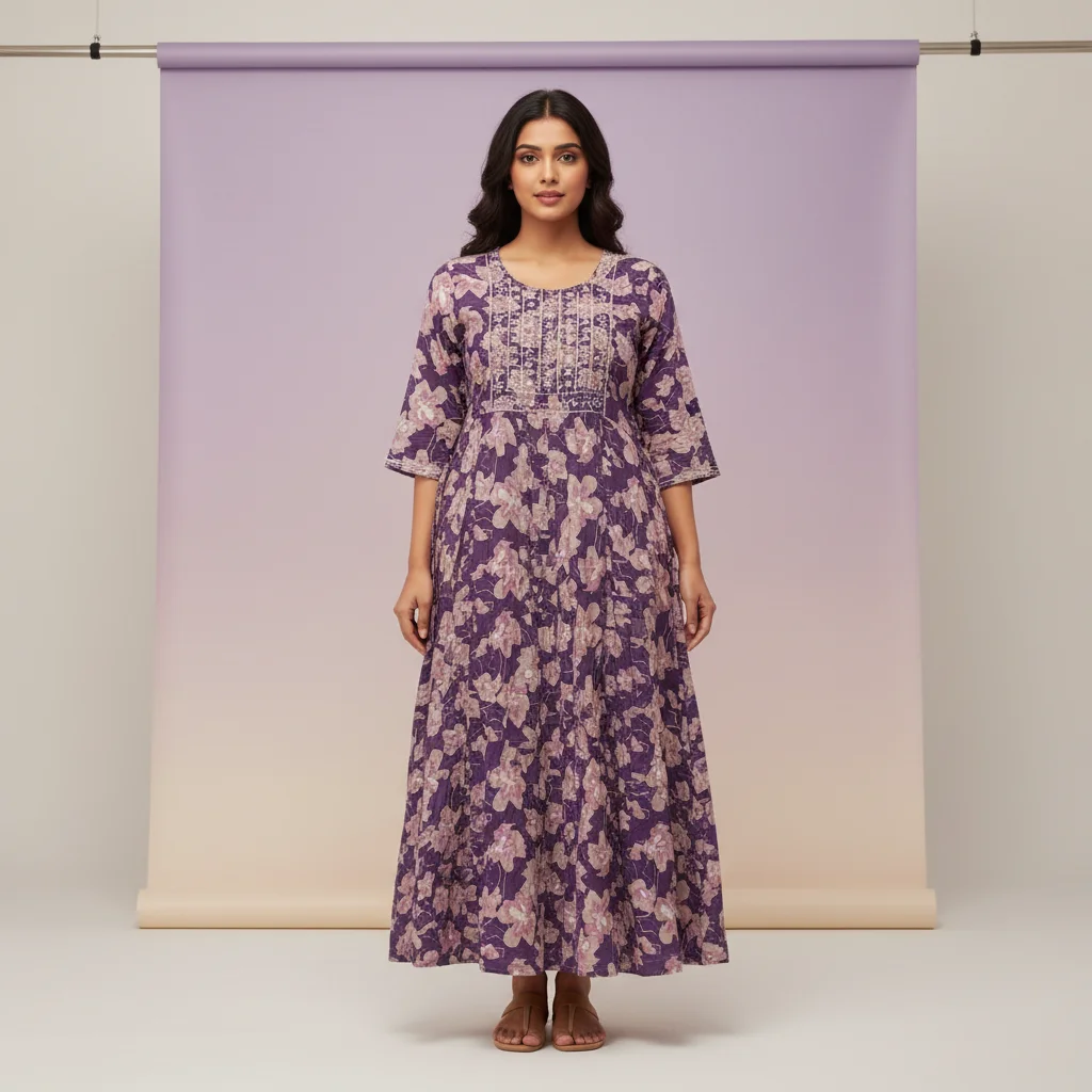 Women Floral Printed Rayon Anarkali Kurti with Embroidered Neck Panel Work