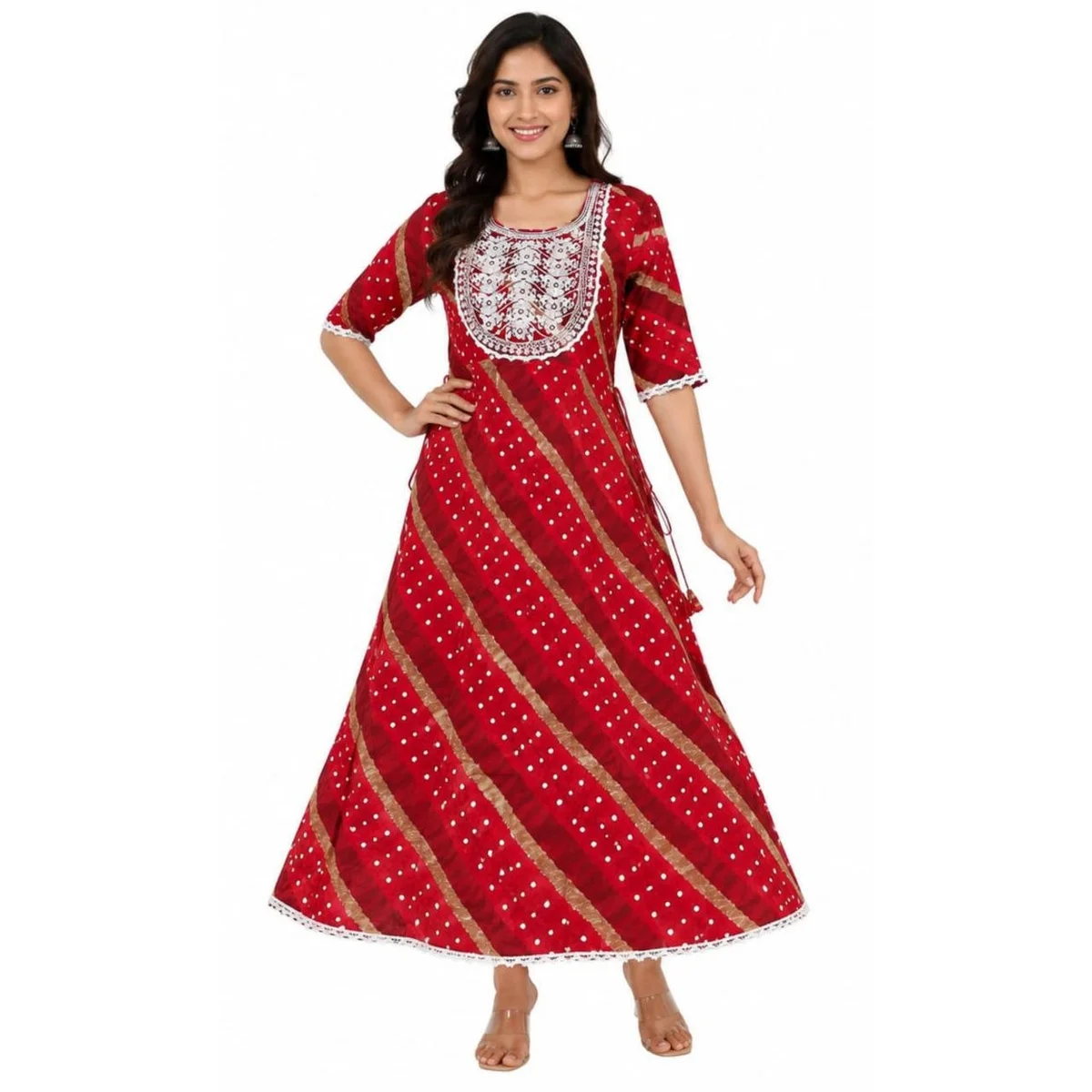 Women's Ethnic Anarkali Kurti with Striped Polka Print, Bandhani Pattern & Embroidered Detailing