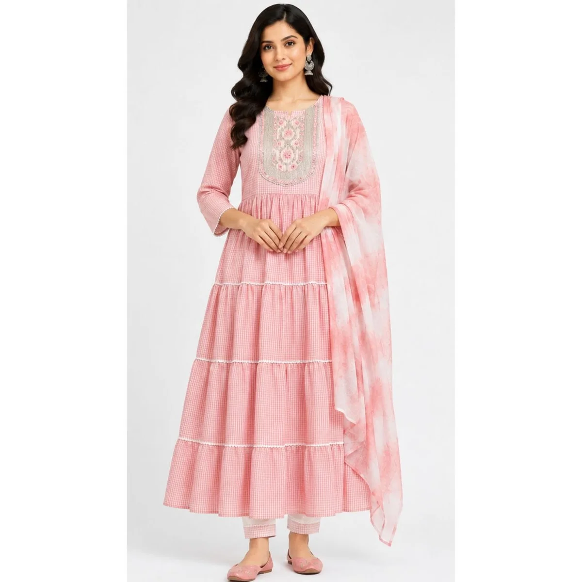 Women's Ethnic Anarkali Kurti Set with Dupatta & Pajama | Pink | Cotton Blend | Checked Pattern