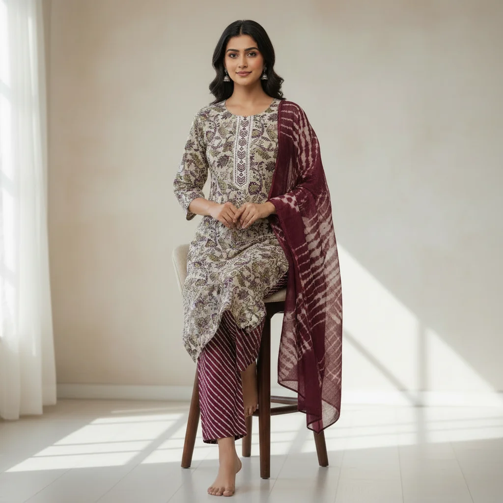 SYP India Women’s Cotton Blend Ethnic Suit Set with Dupatta & Pant | Floral Design