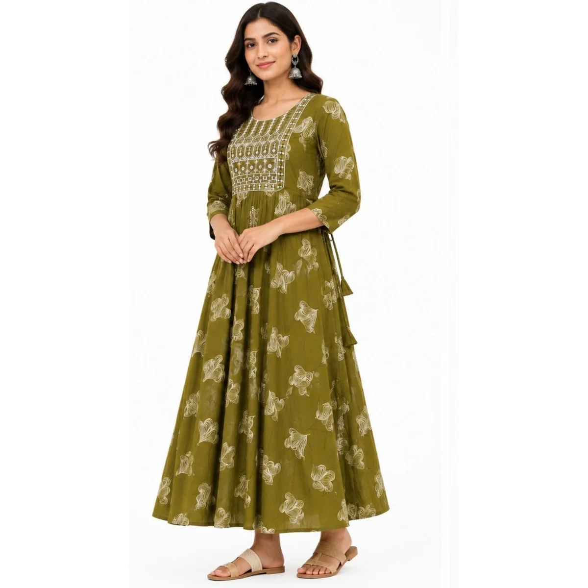 Bottle Green / Dark Green with Beige-Off White Floral Print and Embroidered Style