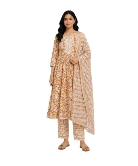 Women's Ethnic Anarkali Kurti Set with Dupatta & Pajama | Beige | Cotton Blend | Floral Pattern