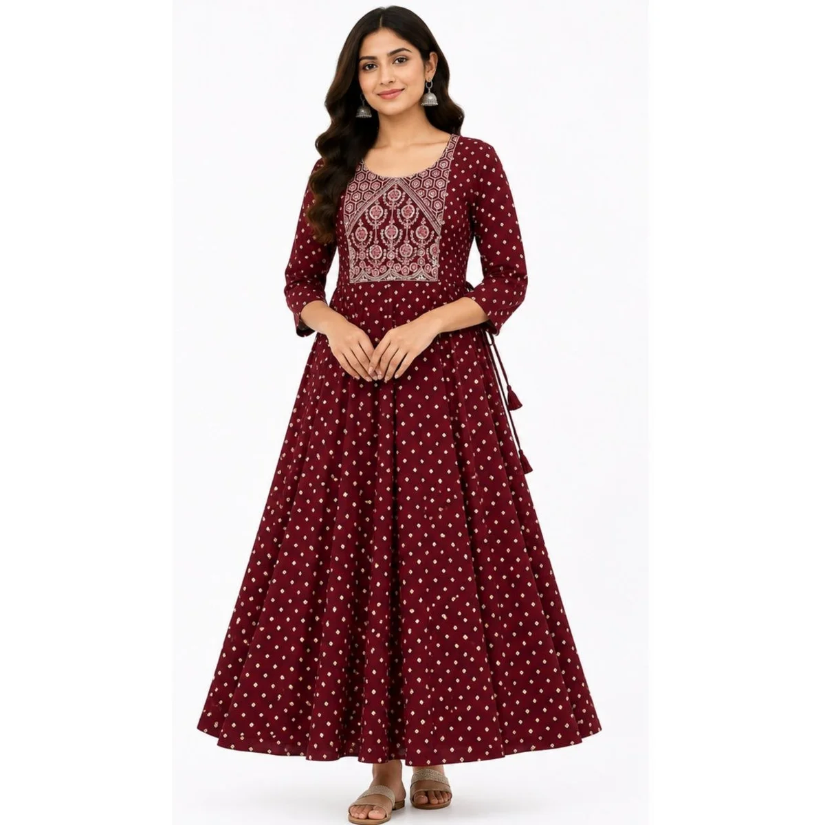 Burgundy with Beige-Gold Polka Dot Print